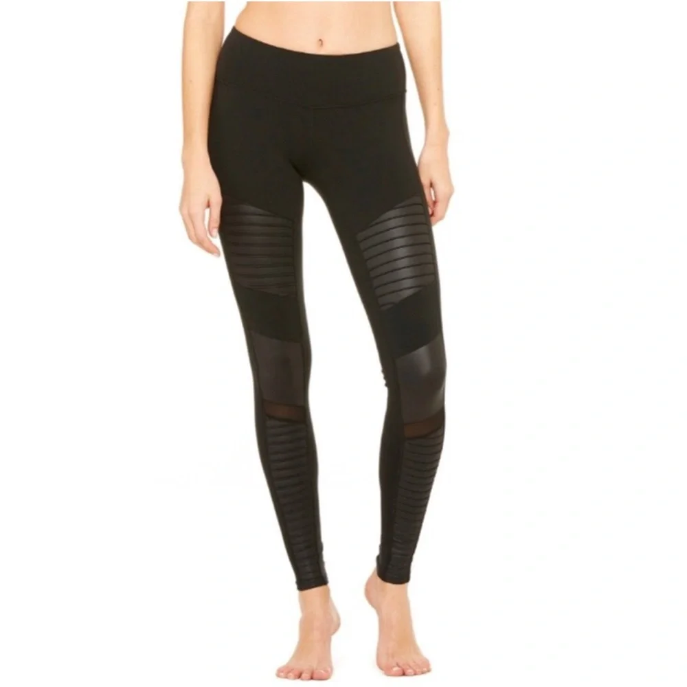 Alo Yoga Women Small Black High Rise Moto Mesh Faux Leather  Legging 25"      B8